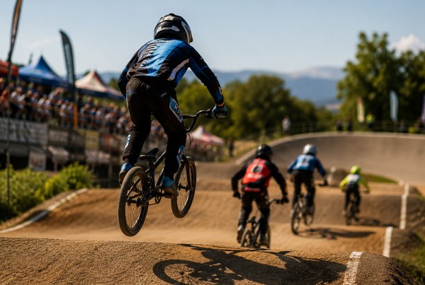 Rider del BMX Garlate Europei 2026 ripreso di spalle durante un salto sulla pista di Sarrians, impegnato nella gara continentale davanti al pubblico.
