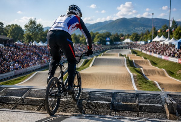 Rider di spalle al cancelletto di partenza durante la Coppa del Mondo UCI BMX 2026, pronto a lanciarsi sul tracciato BMX davanti al pubblico.