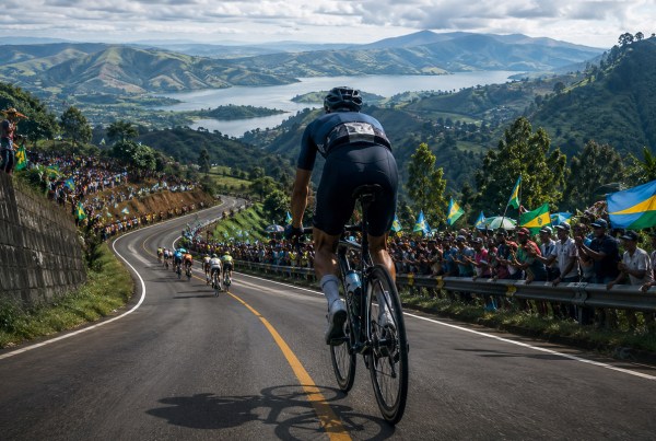 Ciclista di spalle in fuga durante i Mondiali Ciclismo Rwanda 2025, seguito dal gruppo su una strada panoramica tra colline e tifosi, in un'illustrazione sportiva iperrealistica.
