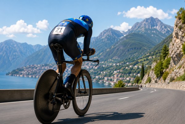 Cronoman Elite in azione durante i UEC Campionati Europei, ripreso di spalle in posizione aerodinamica su una bici da cronometro lungo un percorso panoramico di montagna.