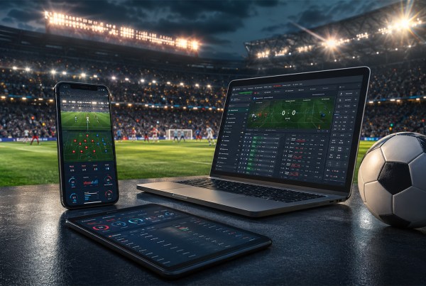 Livescore calcio su Marathonbet.live visualizzato su smartphone e laptop con risultati in tempo reale, statistiche della partita e stadio illuminato sullo sfondo.