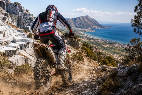 Pilota di enduro ripreso di spalle durante l'EnduroGP 2026 mentre affronta un impegnativo sentiero roccioso tra le cave di marmo e la costa siciliana di Custonaci.